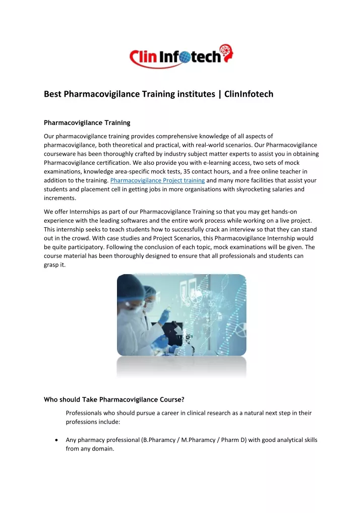 best pharmacovigilance training institutes