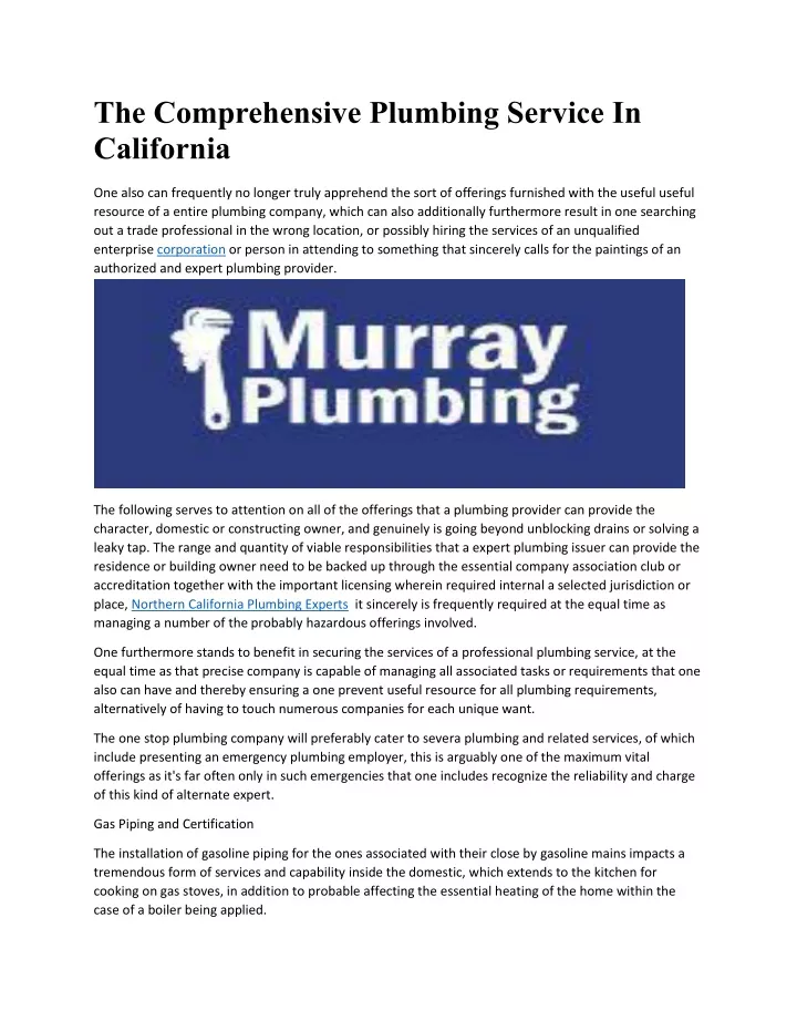 the comprehensive plumbing service in california