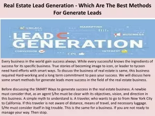 Real Estate Lead Generation - Which Are The Best Methods For Generate Leads