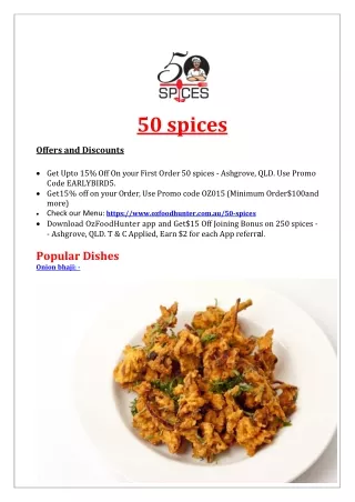 15% Off - 50 spices Indian Restaurant Ashgrove Delivery, QLD