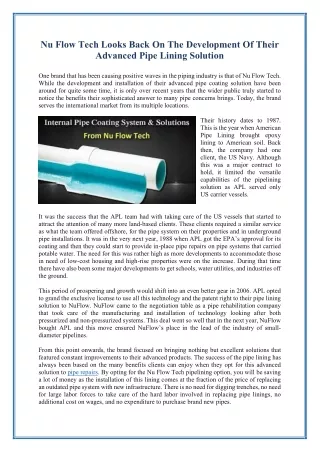 Nu Flow Tech Looks Back On The Development Of Their Advanced Pipe Lining Solution
