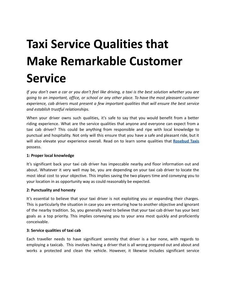 taxi service qualities that make remarkable