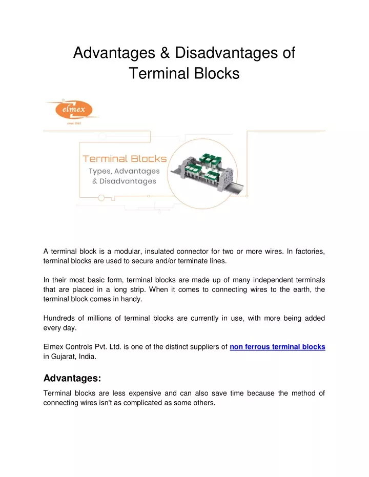 advantages disadvantages of terminal blocks