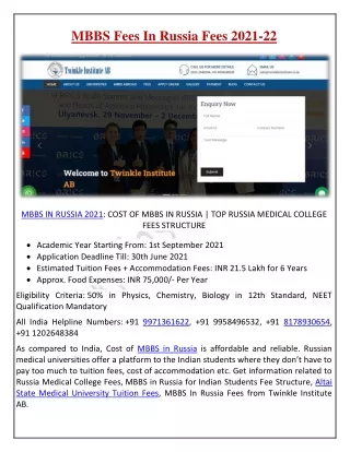 MBBS Fees In Russia Fees 2021-22 | Top Universities In Russia For Mbbs