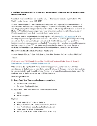 Cloud Data Warehouse Market 2021 to 2027; Innovation and Automation