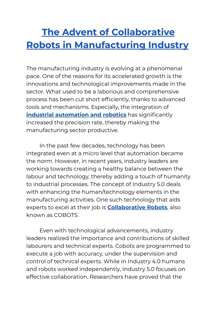 the advent of collaborative robots