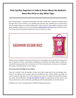 Find Top Rice Exporters in India to Know About the Kashmiri Kesar Rice Price or Any Other Type