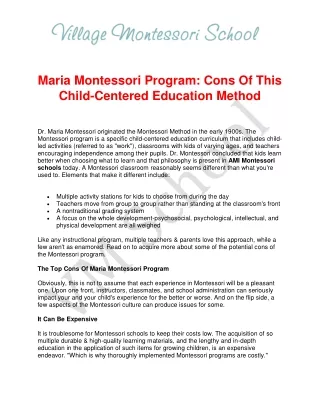 Maria Montessori Program - The Child-Centered Education Method