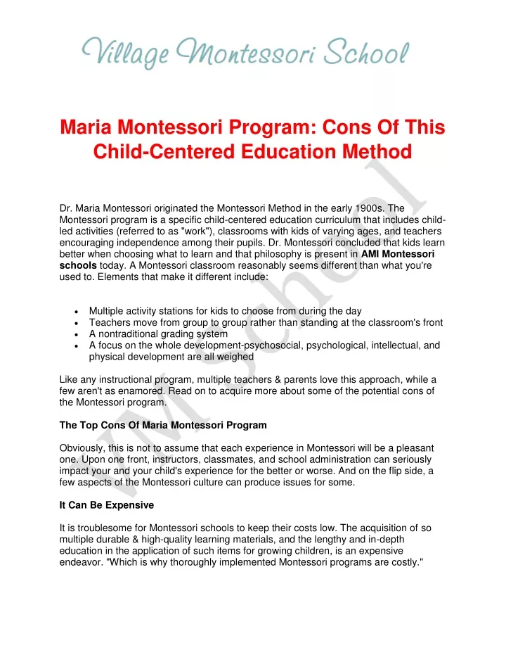 maria montessori program cons of this child