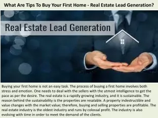 What Are Tips To Buy Your First Home - Real Estate Lead Generation?