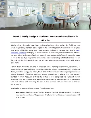 Frank G Neely Design Associates: Trustworthy Architects in Atlanta