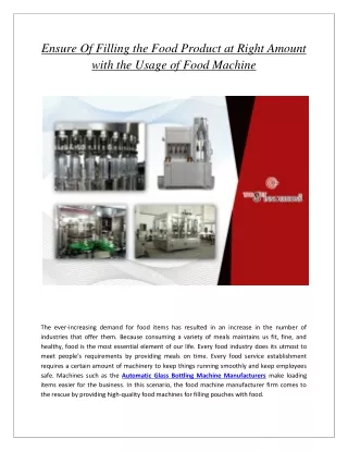 Ensure Of Filling the Food Product at Right Amount with the Usage of Food Machine