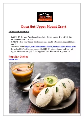 5% Off - Dosa Hut Indian Restaurant Upper Mount Gravt Menu, QLD