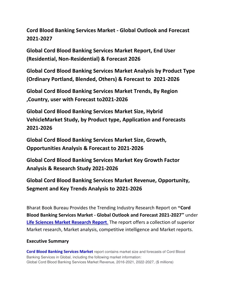 cord blood banking services market global outlook