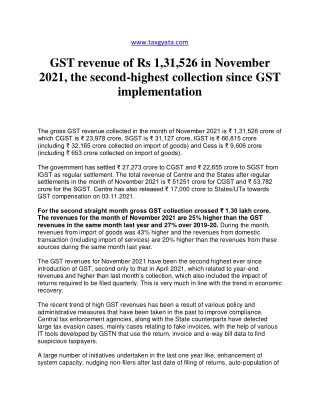 GST revenue of Rs 1,31,526 in November 2021, the second-highest collection since