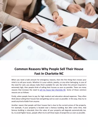 Common Reasons Why People Sell Their House Fast In Charlotte NC