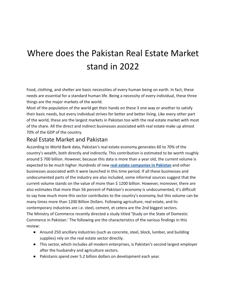 where does the pakistan real estate market stand