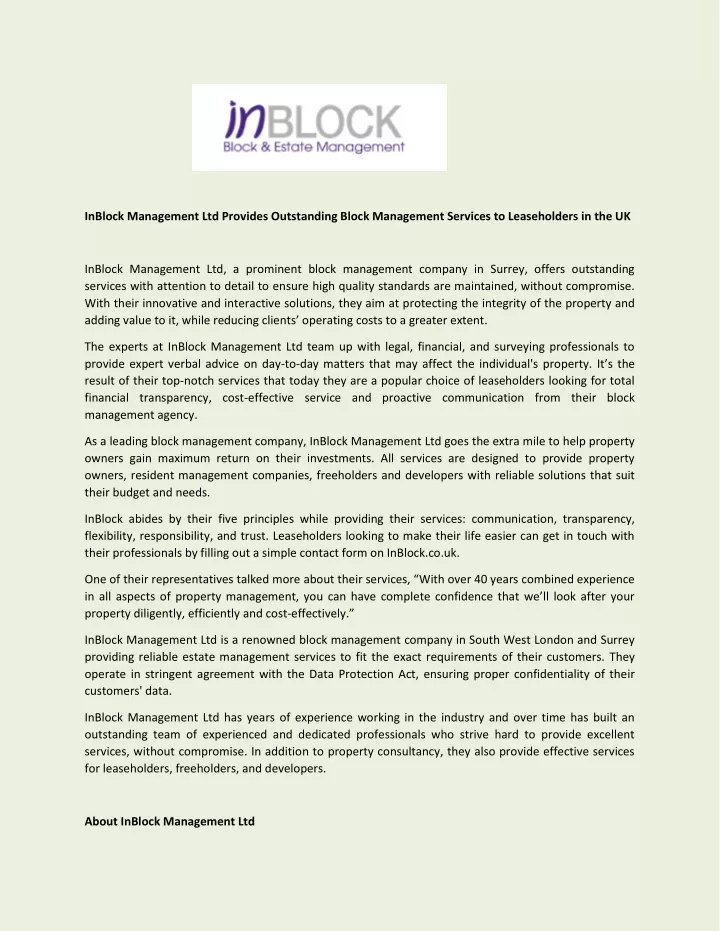 inblock management ltd provides outstanding block