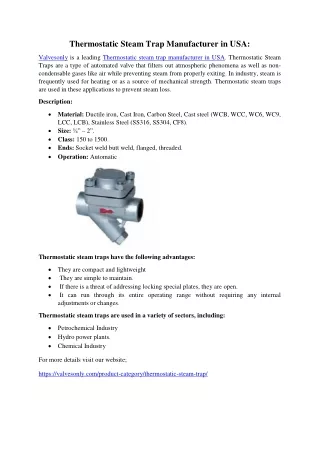 Thermostatic Steam Trap Manufacturer in USA