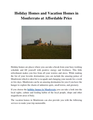 Holiday Homes and Vacation Homes in Monferrato at Affordable Price