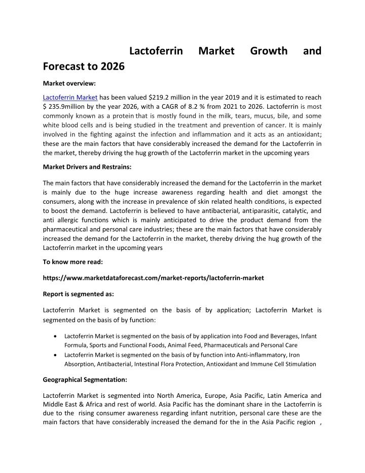 lactoferrin forecast to 2026