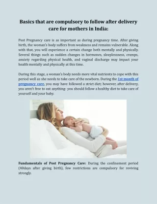 Basics that are compulsory to follow after delivery care for mothers in India