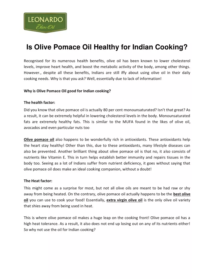 is olive pomace oil healthy for indian cooking