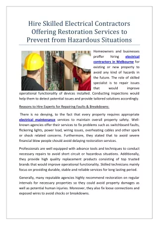 Hire Skilled Electrical Contractors Offering Restoration Services to Prevent from Hazardous Situations