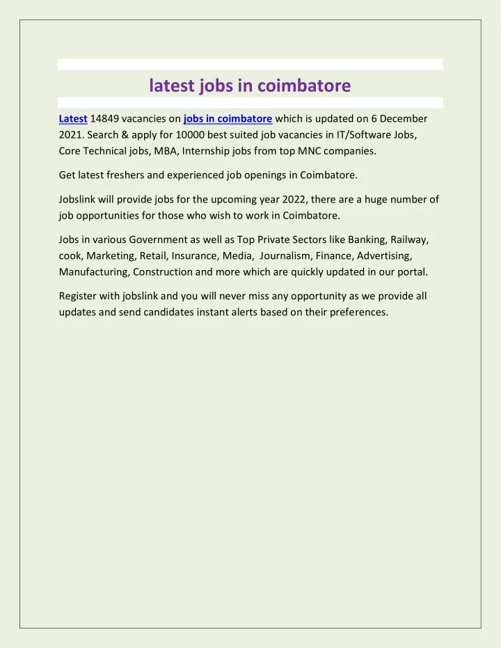 latest jobs in coimbatore