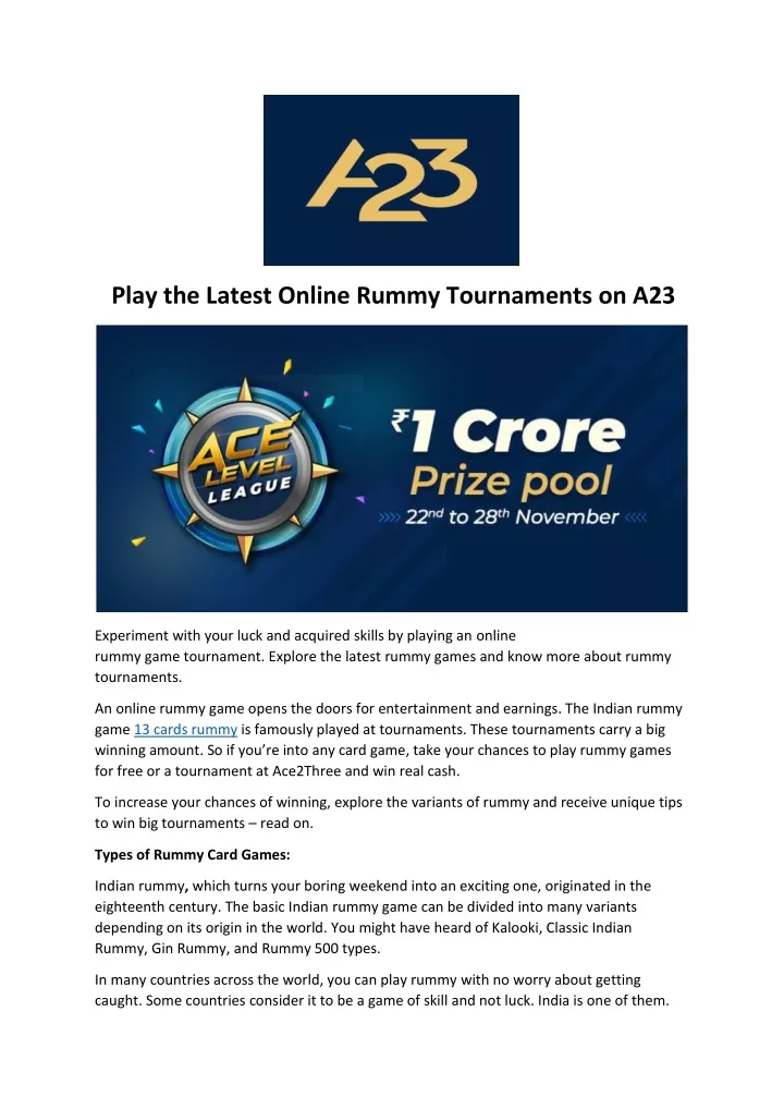 play the latest online rummy tournaments on a23