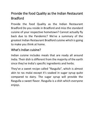Provide the food Quality as the Indian Restaurant Bradford