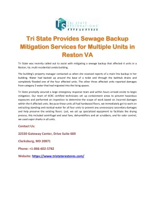 Tri State Provides Sewage Backup Mitigation Services for Multiple Units in Reston VA