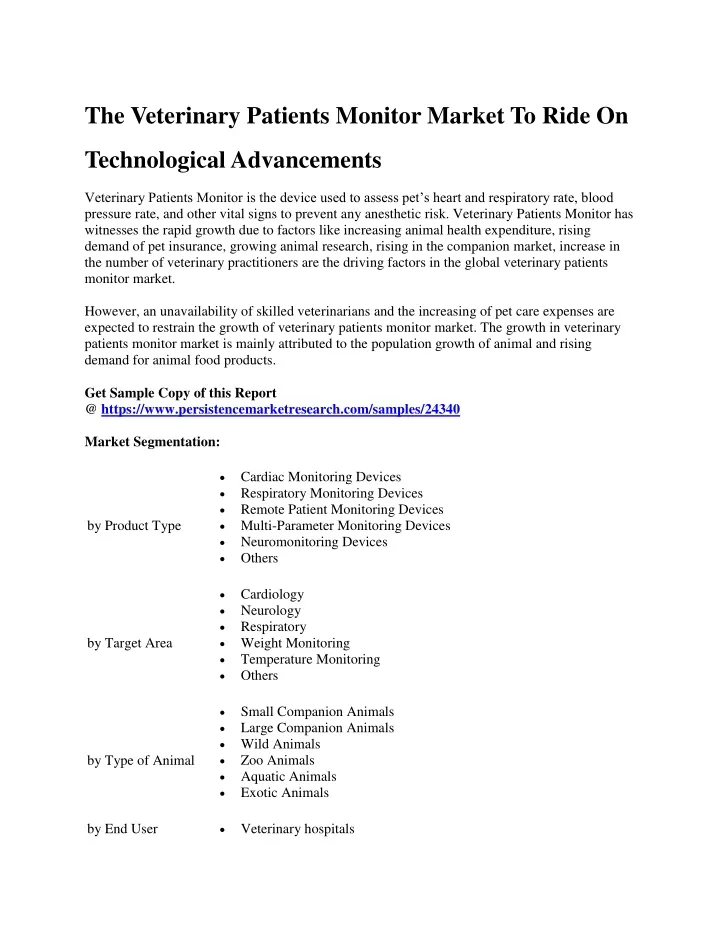 the veterinary patients monitor market to ride on