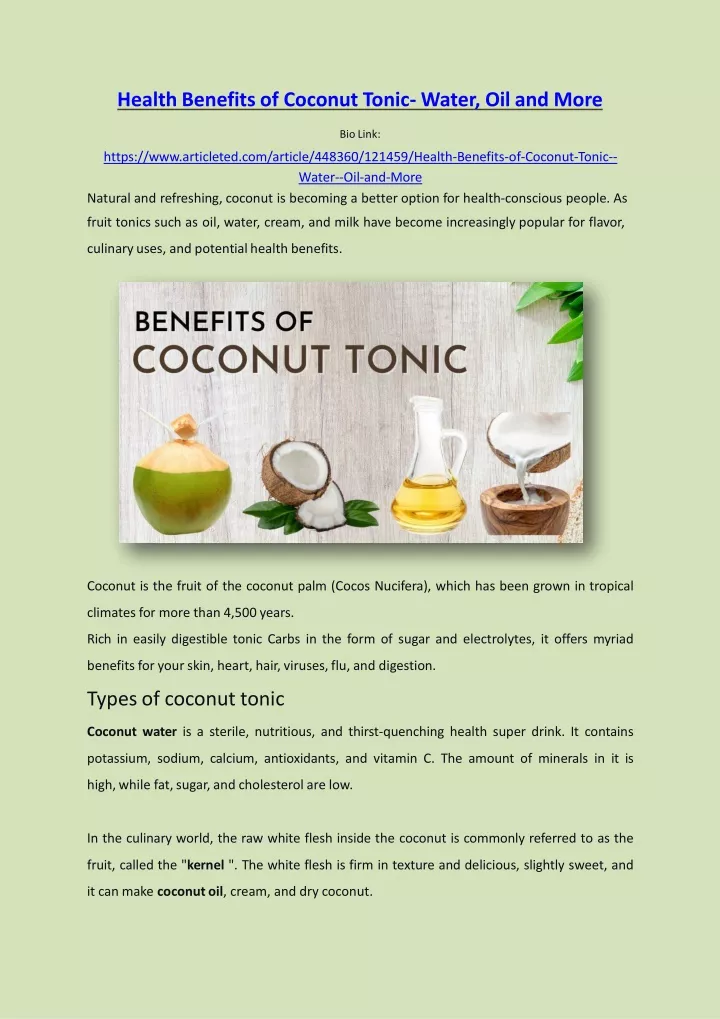 health benefits of coconut tonic water