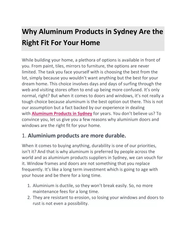 why aluminum products in sydney are the right