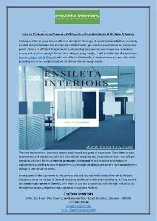Interior Contractors in Chennai – Call Experts at Ensileta Interior & Modular Solutions