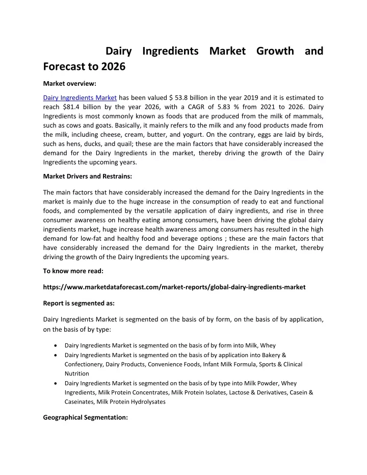 dairy ingredients market growth and forecast