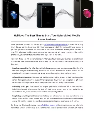 Holidays- The Best Time to Start Your Refurbished Mobile Phone Business