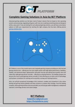Complete Gaming Solutions in Asia by BCT Platform