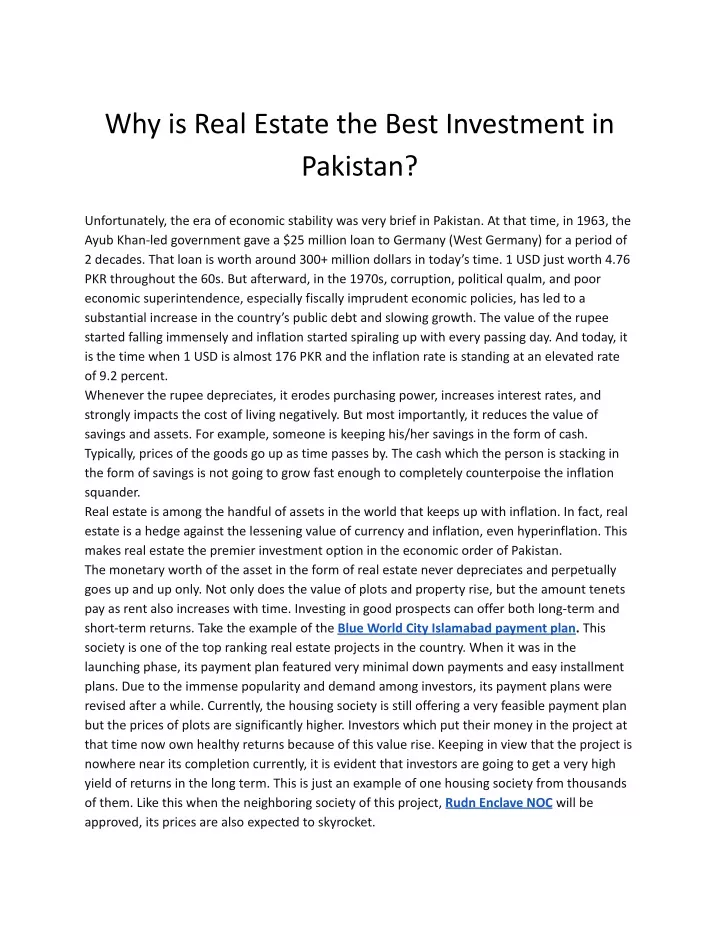 why is real estate the best investment in pakistan