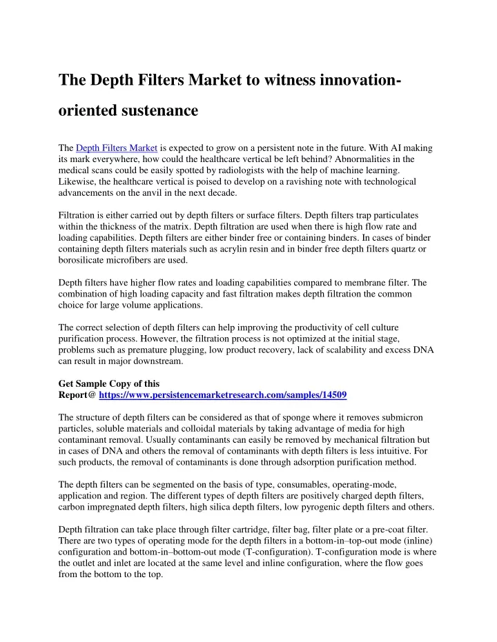 the depth filters market to witness innovation