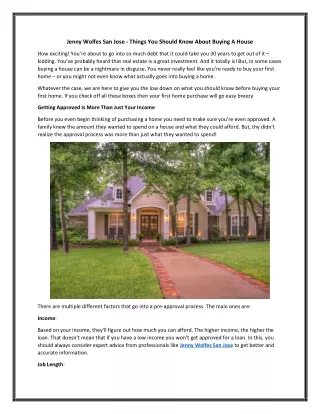 Jenny Wolfes San Jose - Things You Should Know About Buying A House