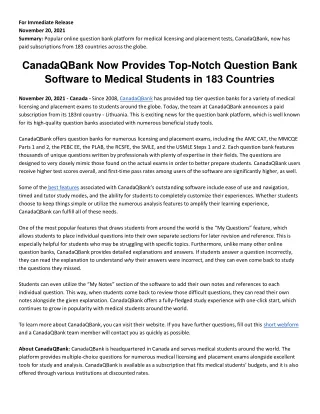 CanadaQBank Now Provides Top-Notch Question Bank Software to Medical Students in 183 Countries