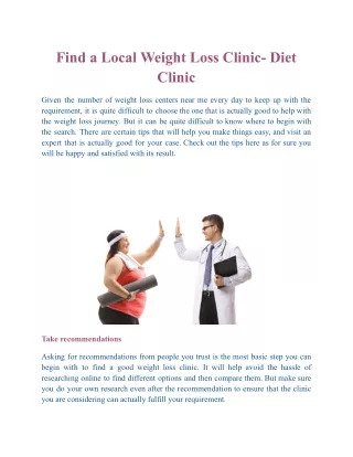 Choose Local Weight Loss Clinic- Diet Clinic