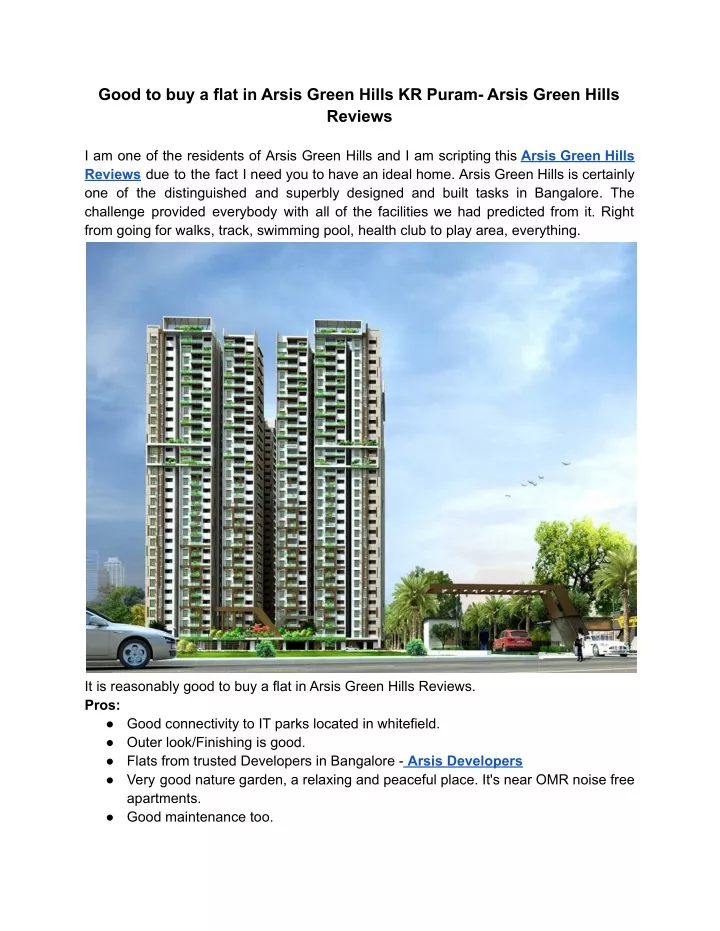 good to buy a flat in arsis green hills kr puram