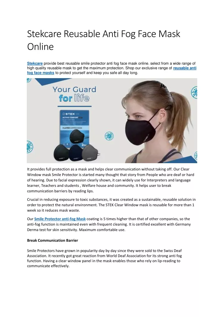 stekcare reusable anti fog face mask online