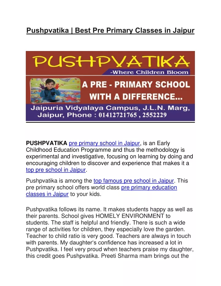pushpvatika best pre primary classes in jaipur