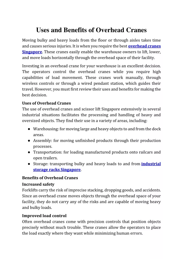 uses and benefits of overhead cranes