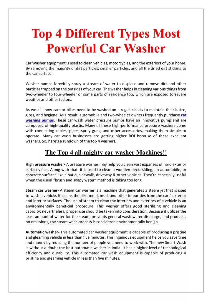top 4 different types most powerful car washer