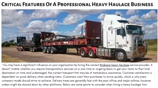 Critical Features Of A Professional Heavy Haulage Business by Container Cartage